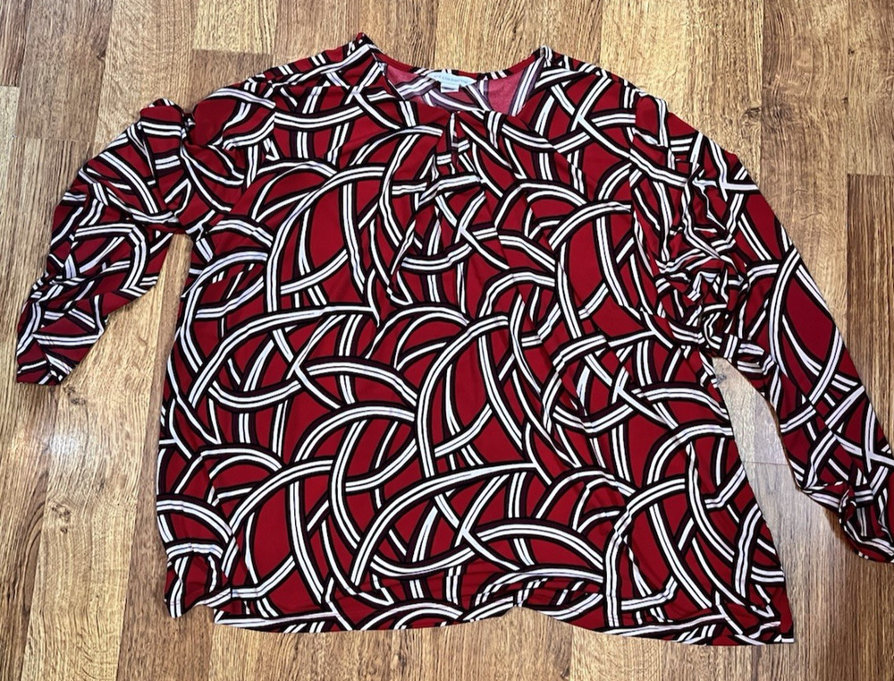 Liz Claiborne Womens Size 2X Blouse Top Shirt Red Geo Pattern Long Sleeve